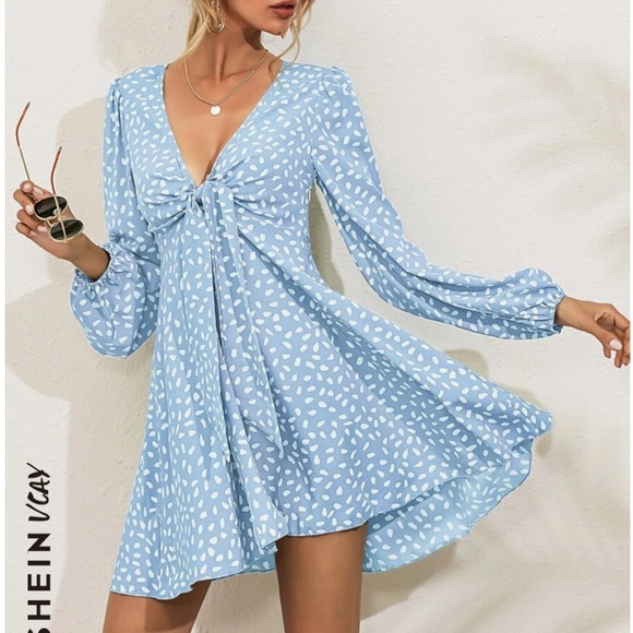 Vacay Lantern Sleeve Tie Front All Over Print Dress - Picture 1 of 6